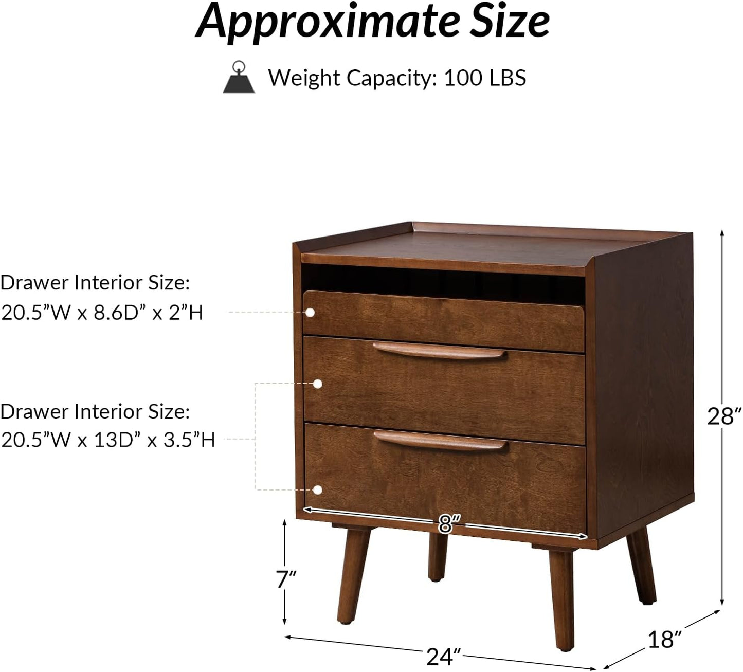 HULALA HOME 2 Drawer Nightstand with Charging Station, Mid-Century Modern Bedside Tables with Wood Legs, Wood Night Stand with Pull-Out Shelf Set of 2, Walnut