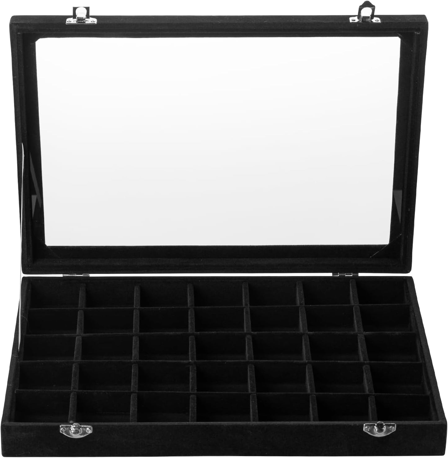 Frebeauty Velvet Jewelry Tray,35 Grid Jewelry Organizer with Clear Lid,Earring Holder Organizer Case with Clasp,Drawer Insert for Rings Studs,13.8 x 9.5 x 2 Inches,Gift for Women Girls(Black)