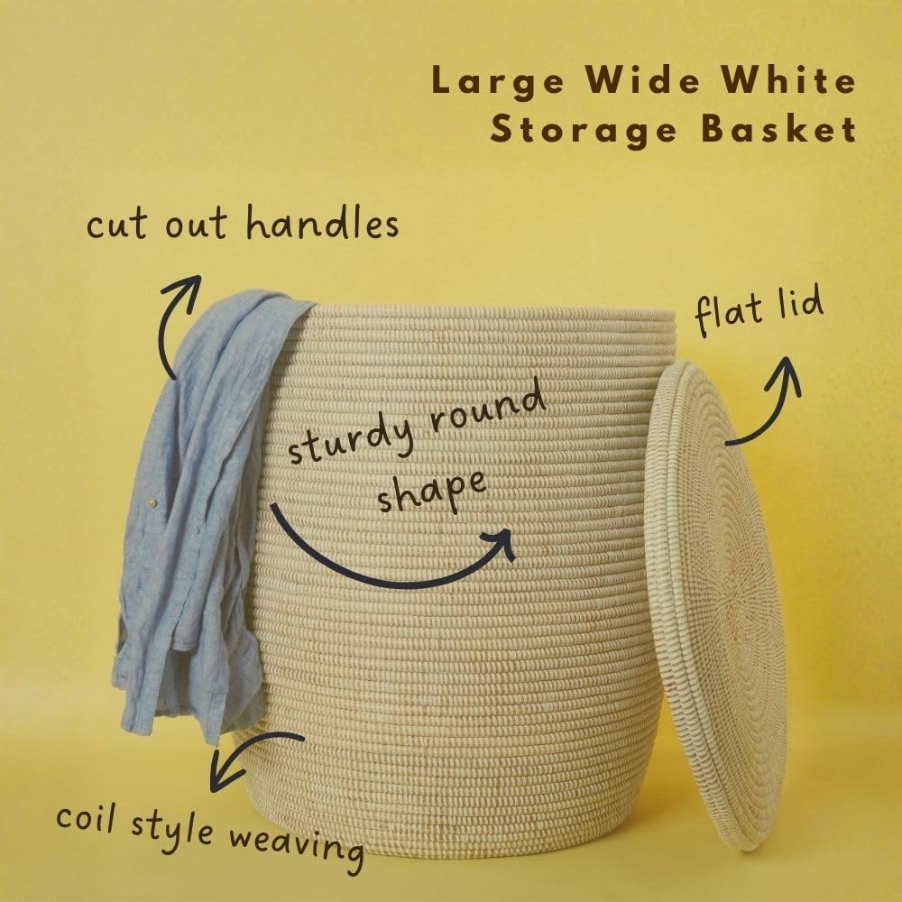 Storage & Organization, Decorative Wicker Baskets for your Home, Laundry Hamper, Baby Nursery Toys Bin, Living Room Blankets Storage, Towels Holder, Wicker, Woven, Lid, Wide, White (Large)