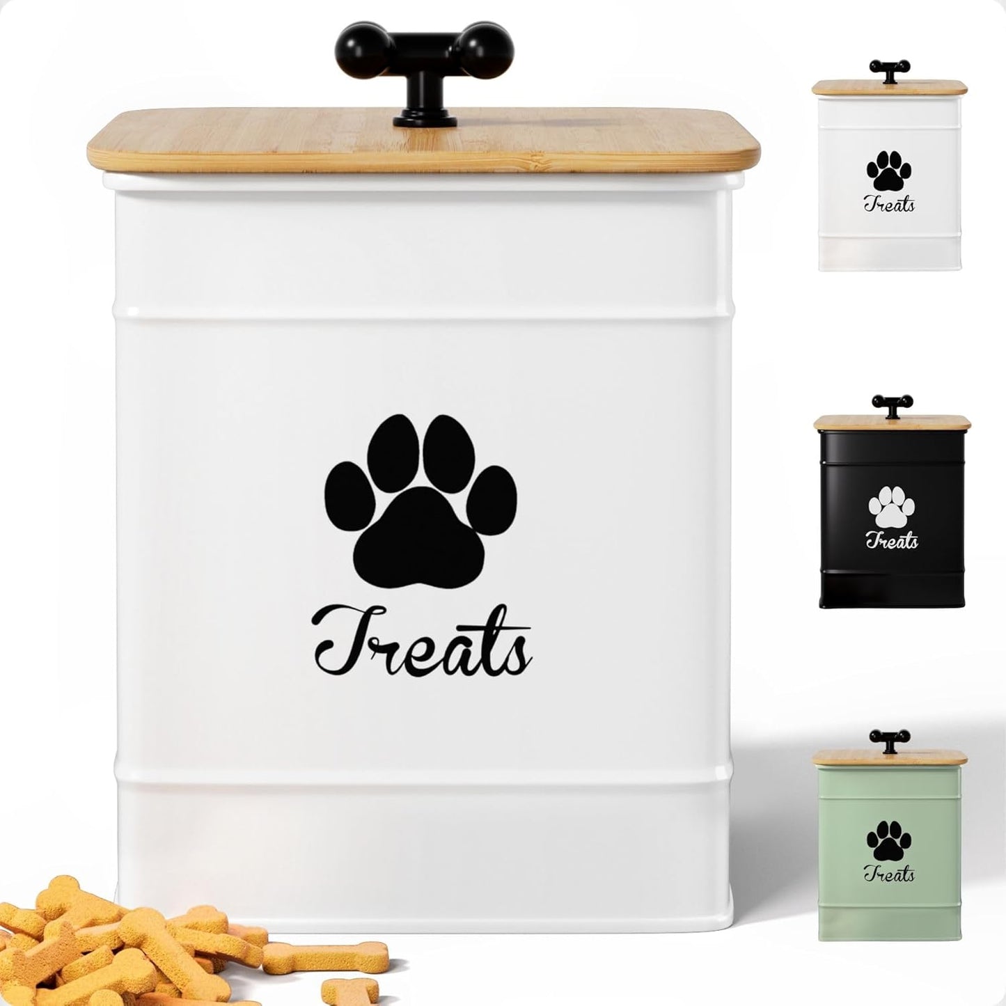Dog Treat Container Airtight - 6 Inch Wide x 8 Inch Tall Iron Dog Treat Jar for Kitchen Counter with Airtight Bamboo Lid - 12 Cup Capacity Pet Treat Container - Doggie Cookie Jar - Big Treats Canister