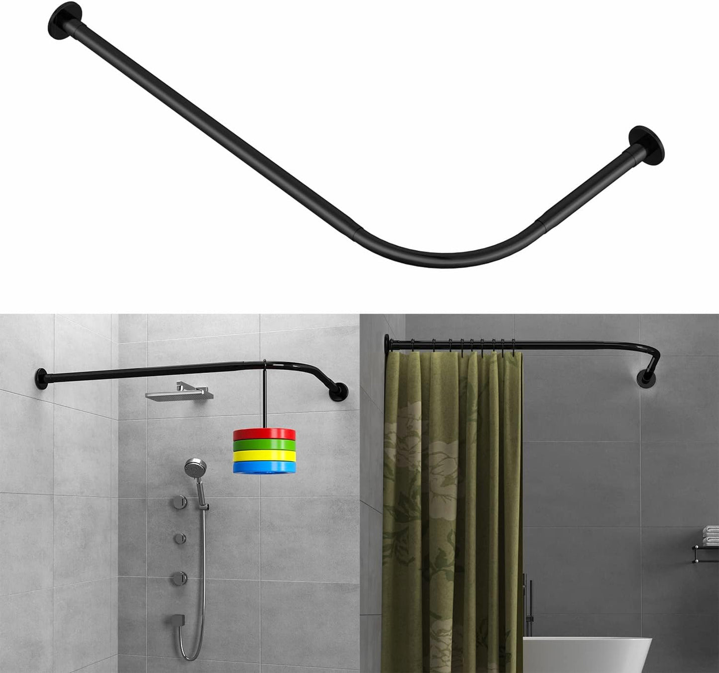 Adjustable Corner Shower Curtain Rod L Shaped Black Stretchable 304 Stainless 27"- 39"X47"- 65" Drill Free Install for Corner Bathtub with Free Hooks