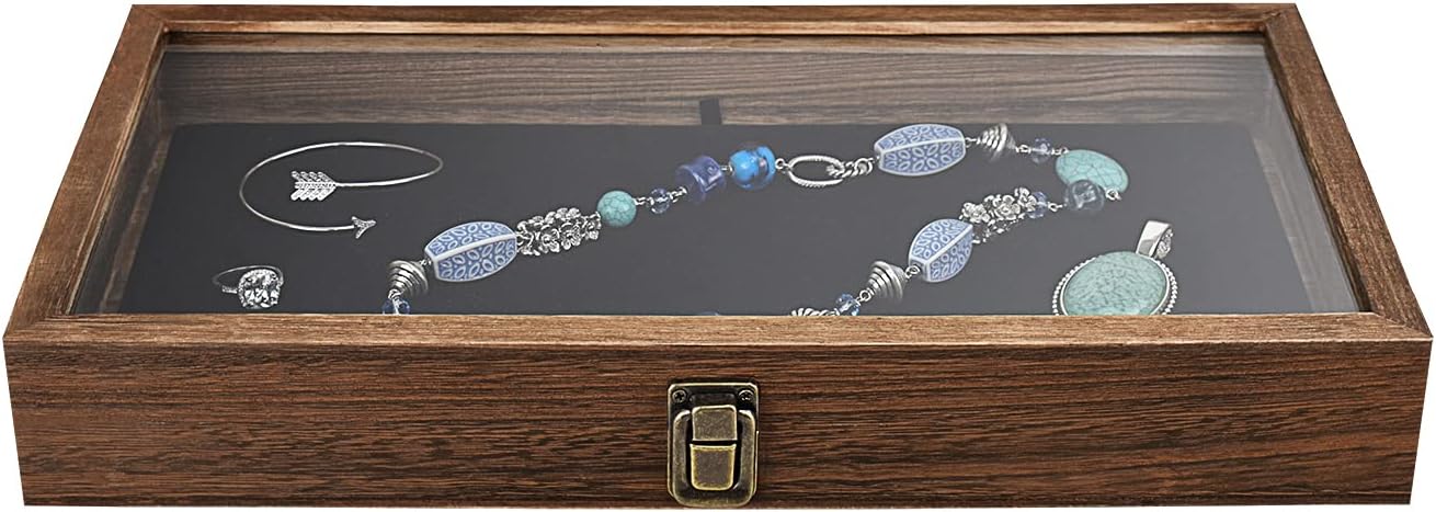 MOOCA Wooden Jewelry Display Case with Tempered Glass Lid and Removable Black Luxurious MDF Velvet Jewelry Display Pad, Pocket Knife Eyewear Case, Brown Color