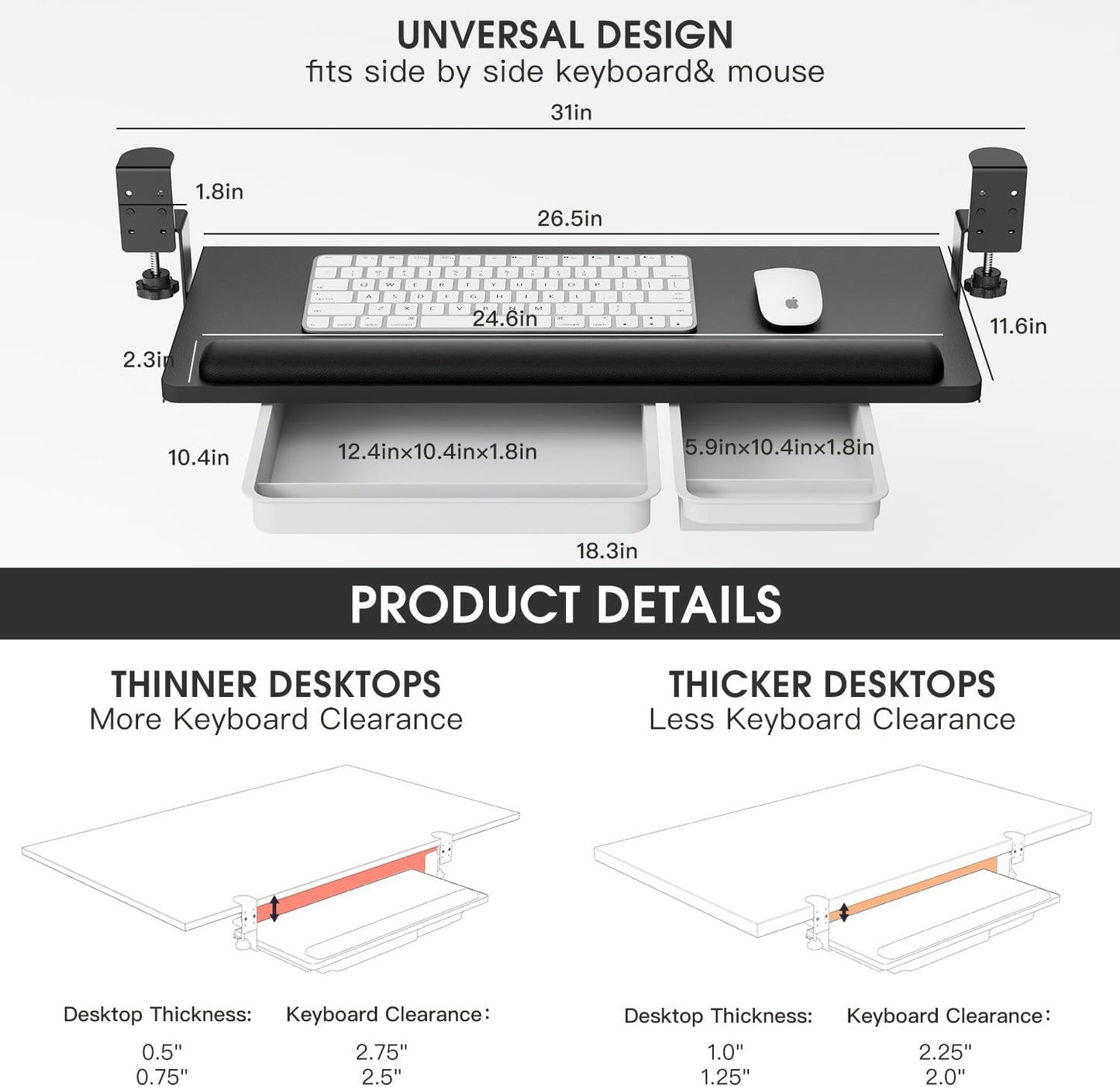 Keyboard Tray Under Desk with a Soft Wrist Rest，Under Desk Keyboard Tray Slide Out with 2 Storage Drawers，C Clamp-on Mount Ergonomic Keyboard Tray for Home and Office，26.5"x11.6"