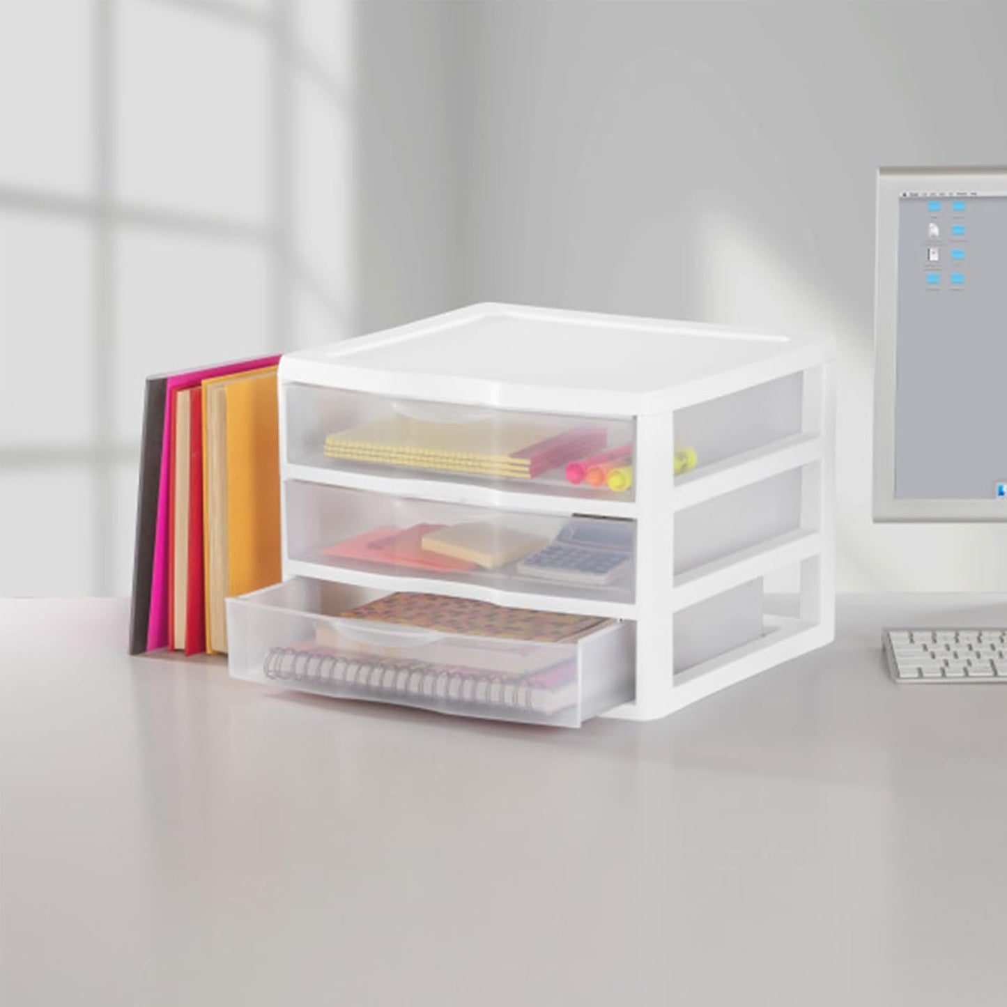 Sterilite 6-Pack Wide 3 Drawer Unit, Plastic Desktop Organizer with Clear Drawers, White Frame - Stackable Multi-Purpose Storage for Office Supplies, Craft Rooms, Classrooms and Home Organization