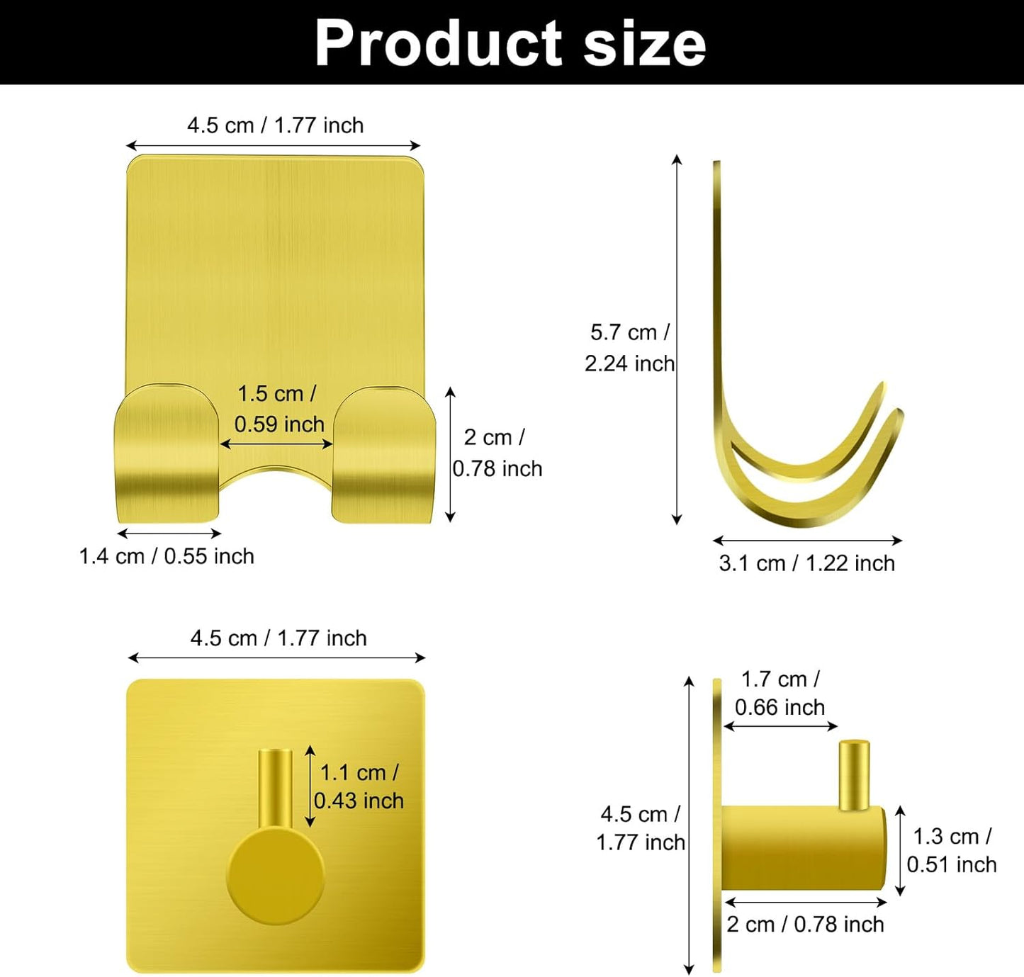 CGBE Razor Holder for Shower, 4 Packs Razor Holder and 4 Packs Shower Hooks, Self Adhesive Shaver Holder Hanger Hooks for Bathroom, Damage Free Wall Hooks for Razor Shaver Loofah Sponge - Gold