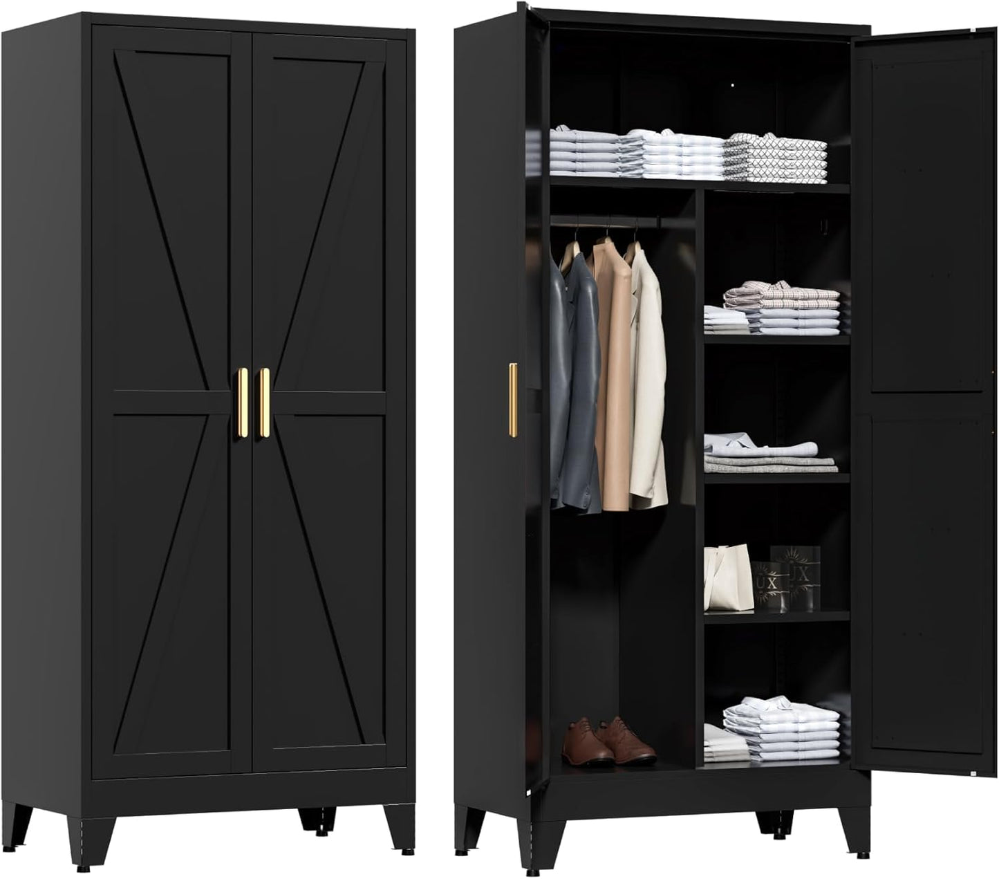 71" Tall Metal Wardrobe Closet with Adjustable Shelves and Hanging Rod, 2 Doors Office Storage Locker Cabinet for Home, Office, Bedroom, Laundry Room, Black