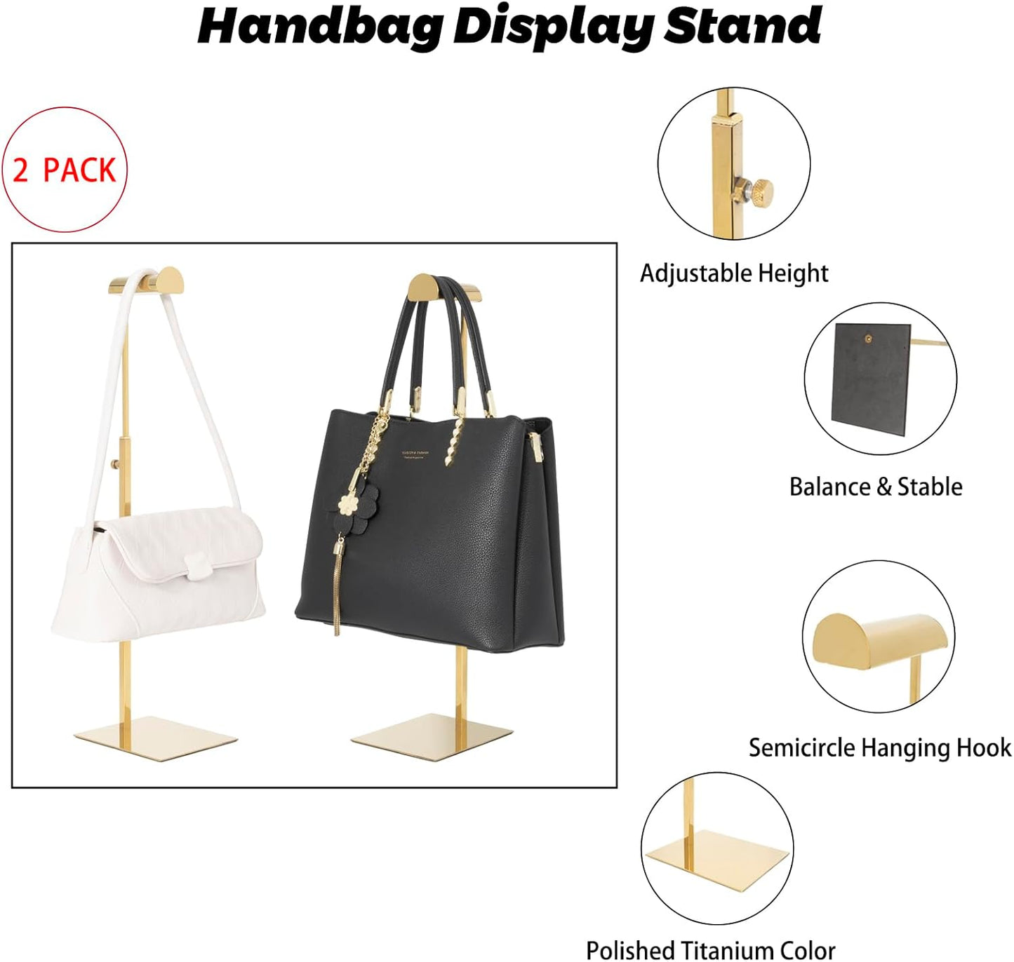 Handbag Display Stands - 2 Pack Stainless Steel Purse Display Stand Adjustable Height Hanging Hook Stands Ornament for Home Store Boutique Counter (Anti-fingerprint)