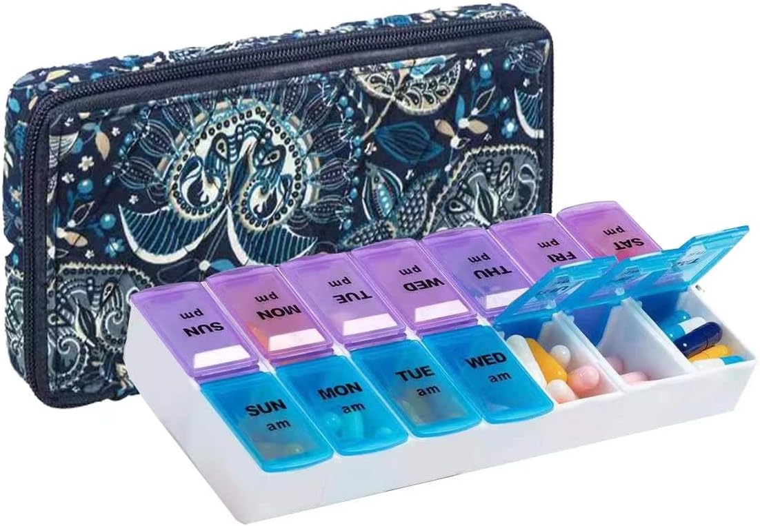 Weekly Pill Organizer 2 Times a Day, Zumd Pill Box 7 Day with Cute Quilted Fabric Zipper Case, Travel Pill Case Am Pm for Vitamin Medicine Organizer