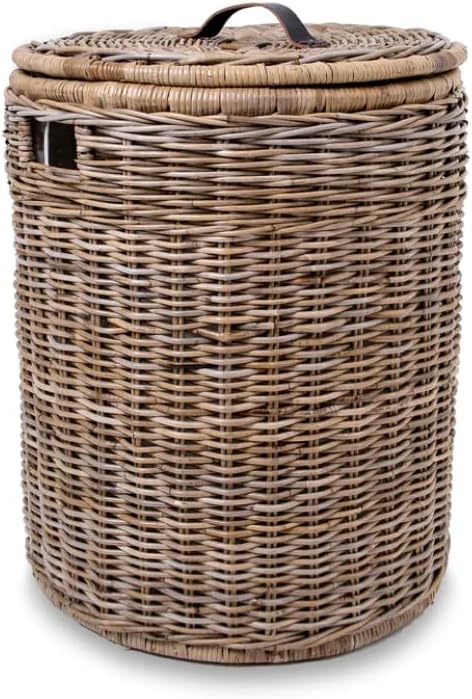 The Basket Lady Round Kubu Wicker Laundry Hamper, Extra Large, 23 in Dia x 28 in H, Serene Grey…