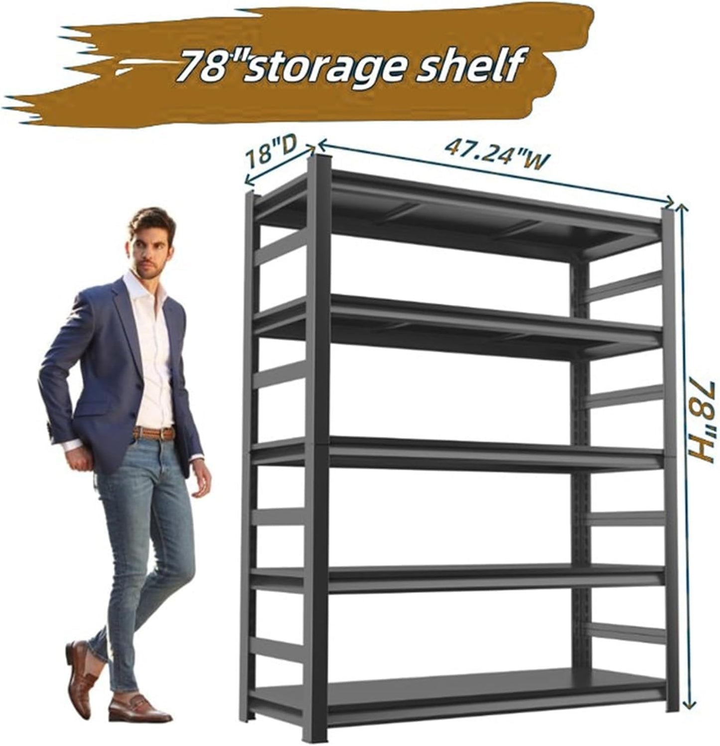 Garage Storage Shelves,5 Tier Shelving Unit, 40 inch Wide, 18” Deep, 78” Tall Organizer Metal Shelf for Basement/Laundry/Pantry Heavy Duty, Adjustable,Easy to Install (5Tier-47"Wx18"Dx78"H with Fence)