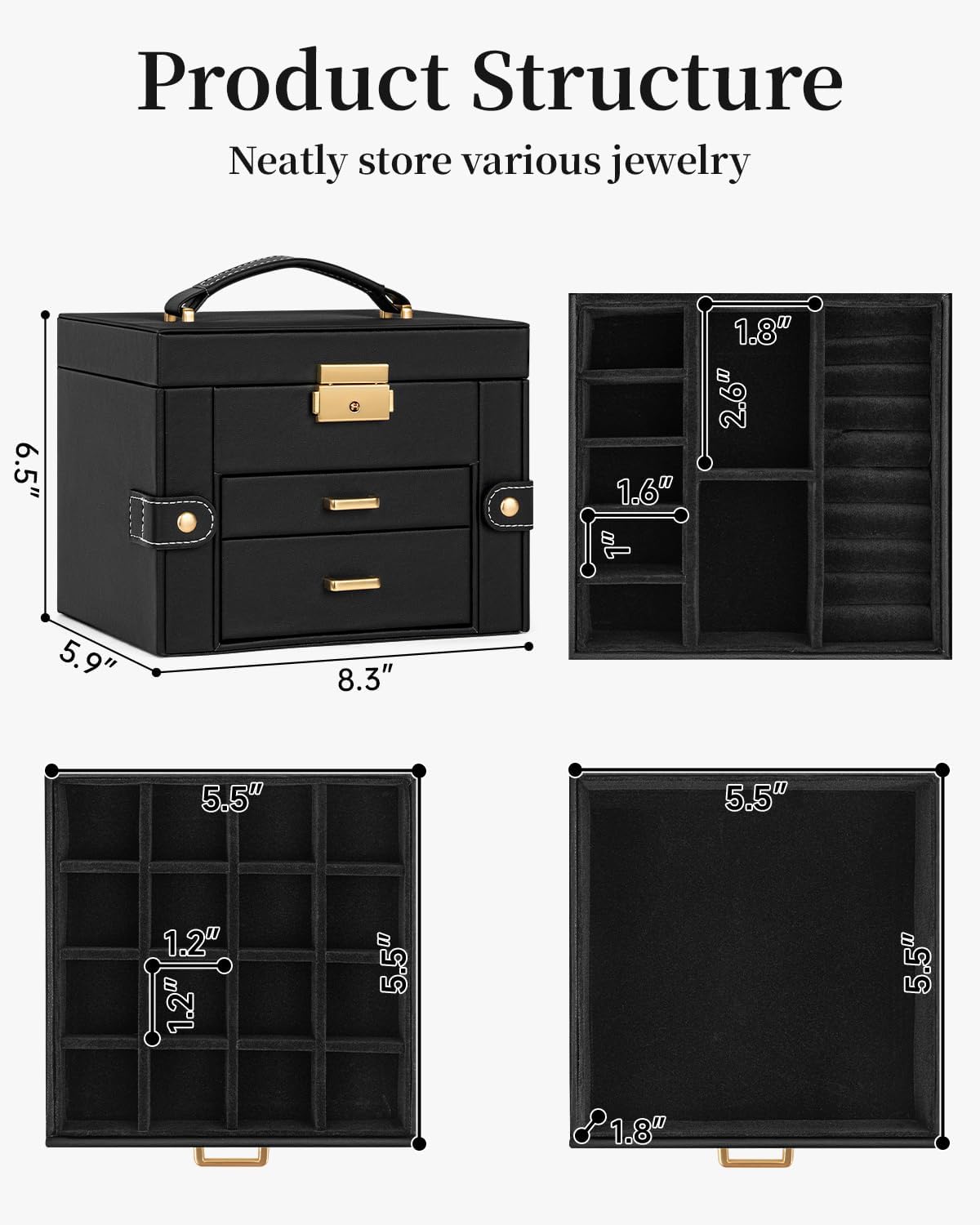 TORIBIO Jewelry Box for Women, Leather Jewelry Organizer with Mirror & Lock, 3-Tier Jewelry Storage Organizer with 2 Drawers for Girls/Women/Mothers, Necklace Earring Bracelets Holder Organizer