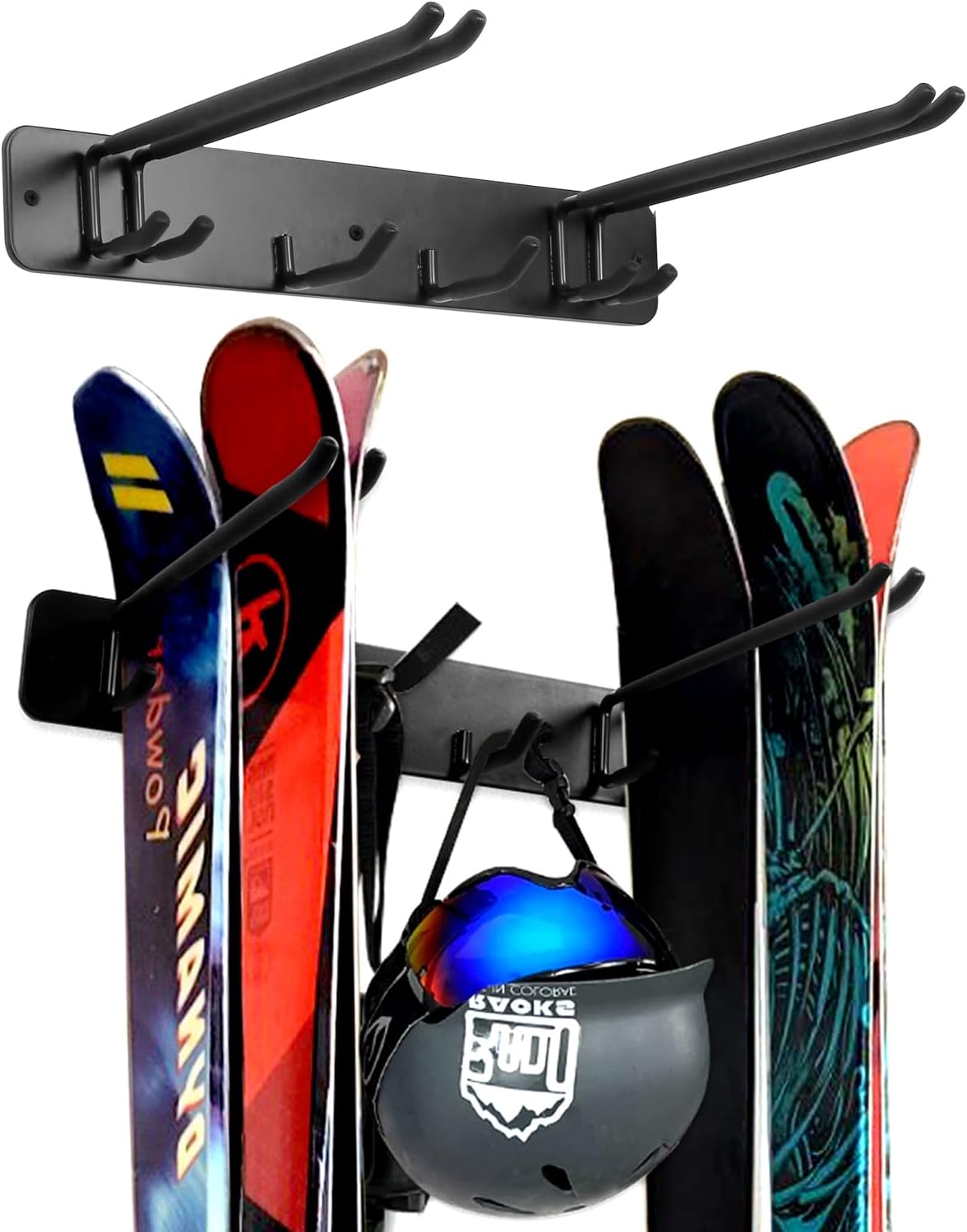 Wall Mount Ski Storage Rack,Garage Snowboard Storage Organizer 4 Pairs Metal Hooks Indoor Outdoor System Organization (Black 1pack)
