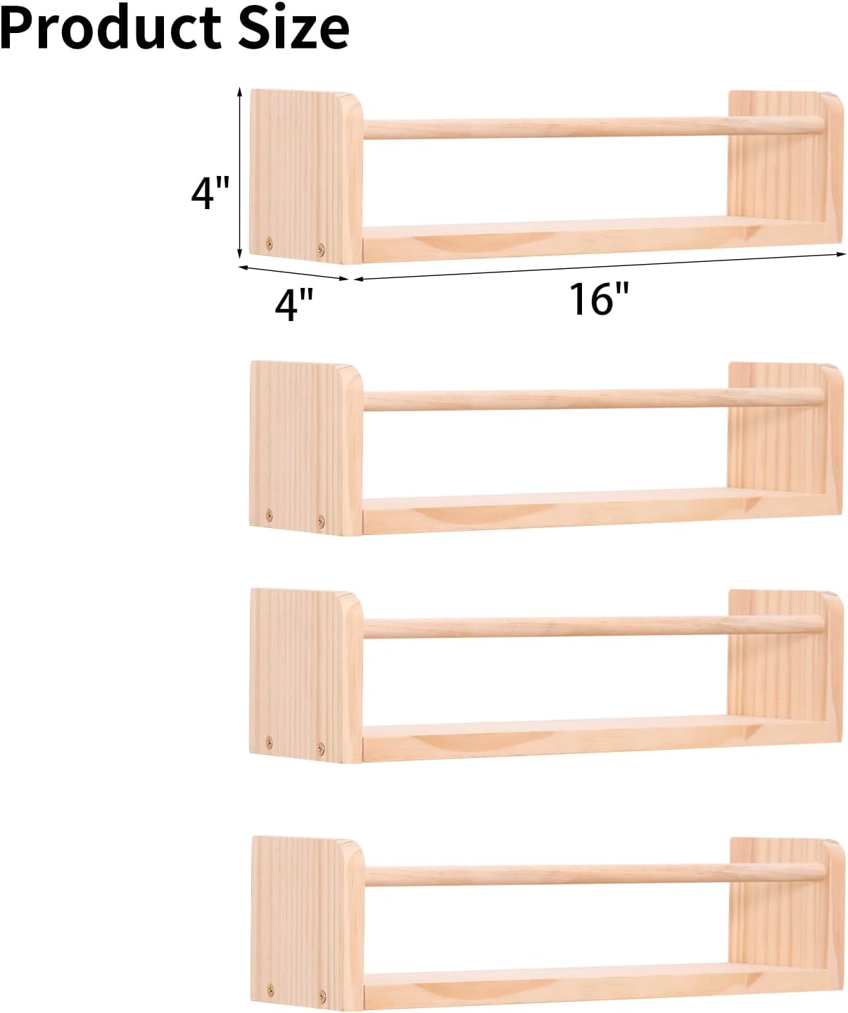 Set of 4 Wall-Mounted Kids Bookshelf - Pine Floating Nursery Book Shelves - Ideal for Nursery Shelf Decor ，Kids Room Toy Storage