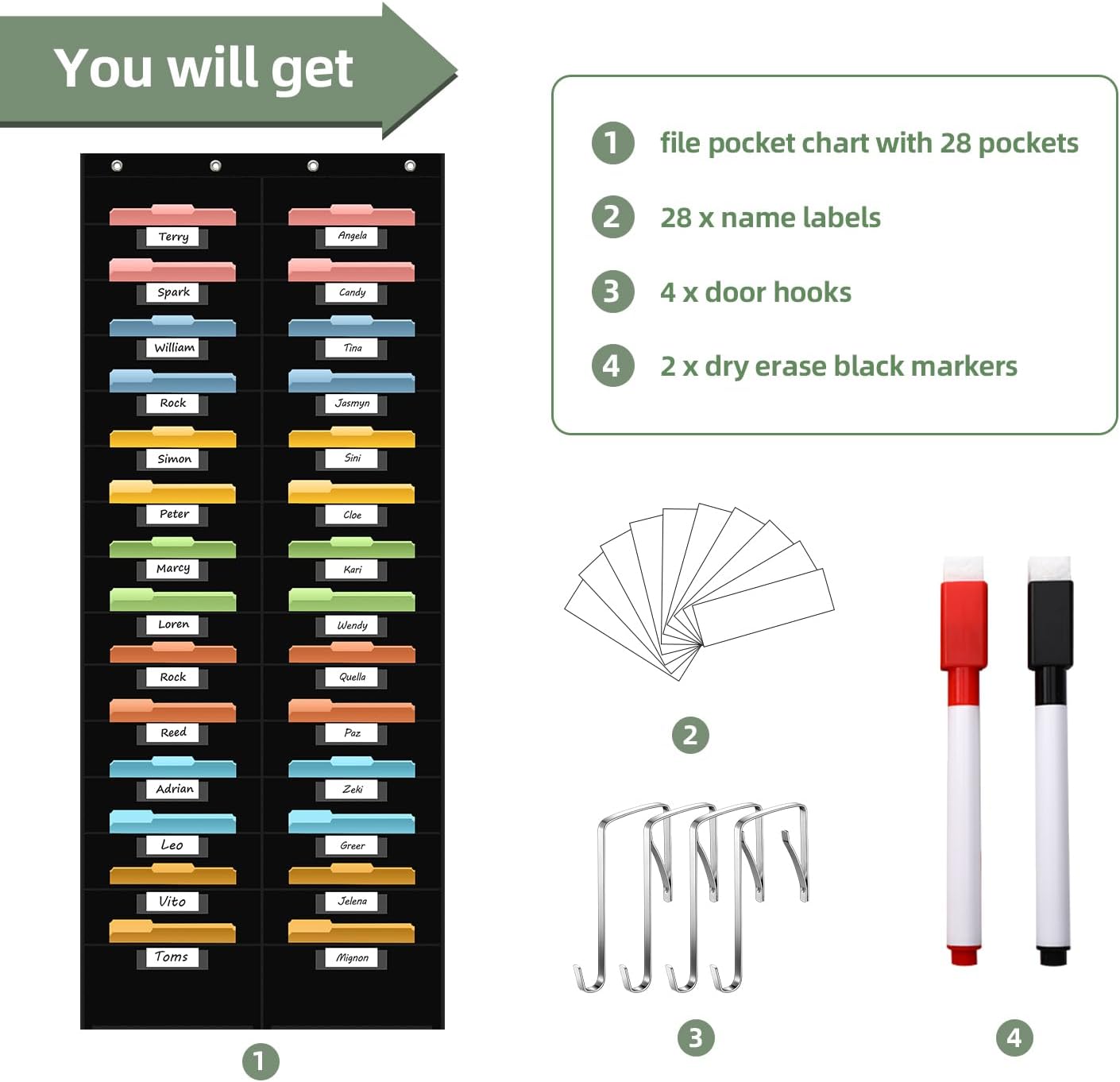28 Pocket Hanging Wall File Organizer with 28 Name tag Pockets, File Storage Pocket Chart for Classroom and Office Use. Keeps Assignments, Files, Scrapbooks, and Papers Neatly Organized.