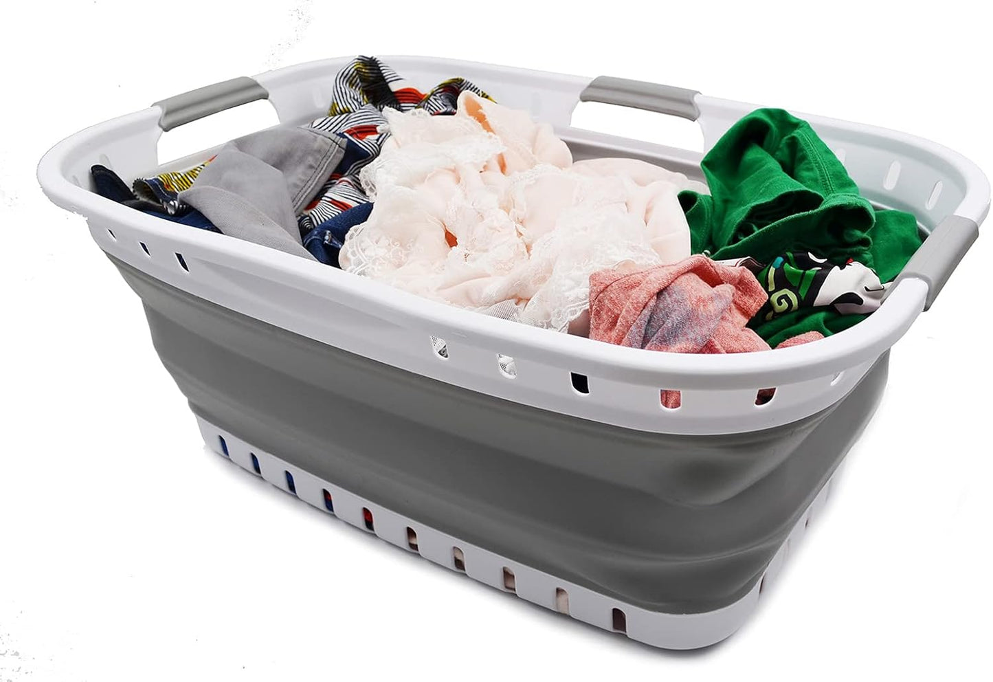 SAMMART 44L Collapsible Plastic Laundry Basket - Foldable Pop Up Storage Container/Organizer - Portable Washing Tub - Space Saving Hamper/Basket (1, White/Grey), Size: 25.4 x 17.3 x 10.2 inches