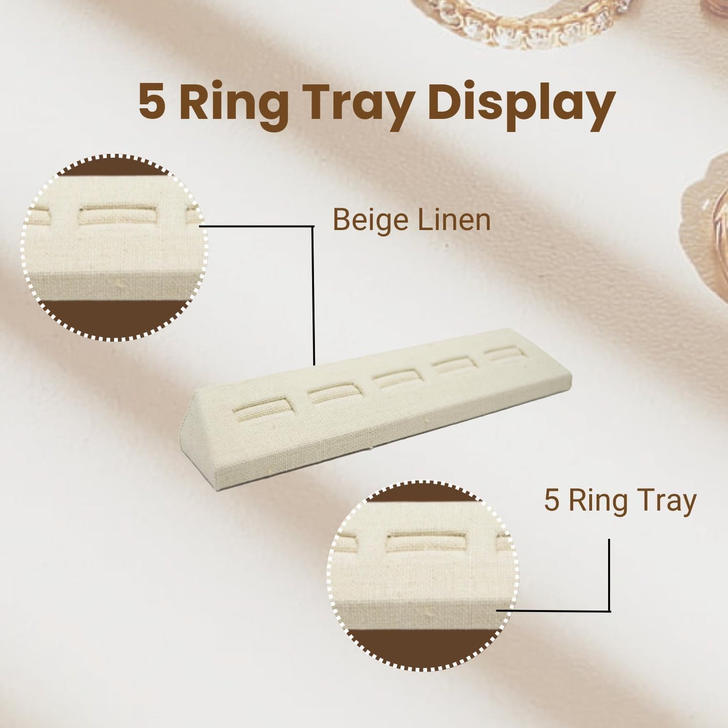 Novel Box 5-Slot Beige Linen Rings/Earrings/Cufflinks Holder Tray 8.12x1.75x1 Inches - Ring Holder Organizer for Selling or Personal Use - Jewelry Display Trays for Special Occasions