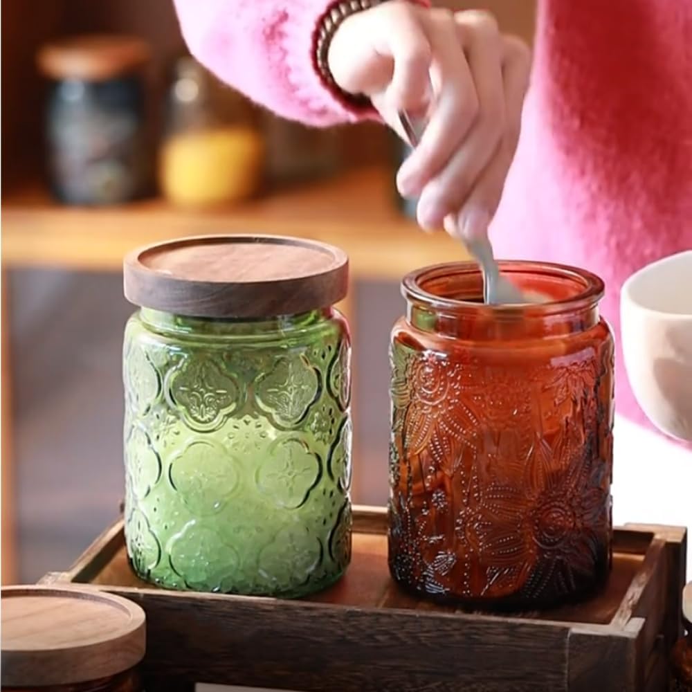 ANSQU Set of 2 Vintage Glass Kitchen Storage Counter Jar, 23.7 FL OZ Candy Jars with Lids, Coffee Container for Ground Coffee, Mason Jar Hold Tea, Sugar, Bath Salts & More (Brown, 2 Pack)