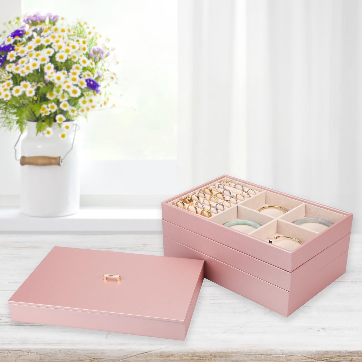 Voova Stackable Jewelry Organizer Tray with Lid, PU Leather Jewelry Storage Holder for Drawer Inserts, Jewellery Display Box Case for Earring Necklace Ring Watch Bracelet (Set of 4, Rose Gold)