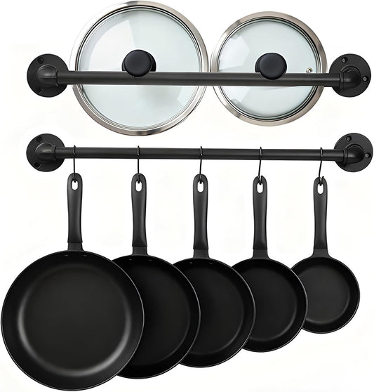 Pan Pot Lid Organizer Set of 2 Wall Mounted Industrial Pipe Kitchen Hanger Rack For Pan Pot Lid Utensils Mugs Kitchen Storage Hanging Bar With 10 Hooks