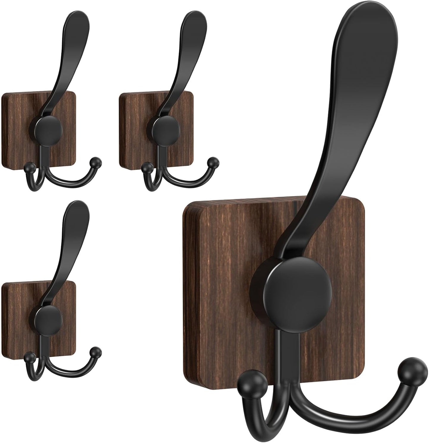VIS'V Wooden 3 Prong Coat Hooks, Wall Mount, Heavy Duty, Brown, 4 Pcs