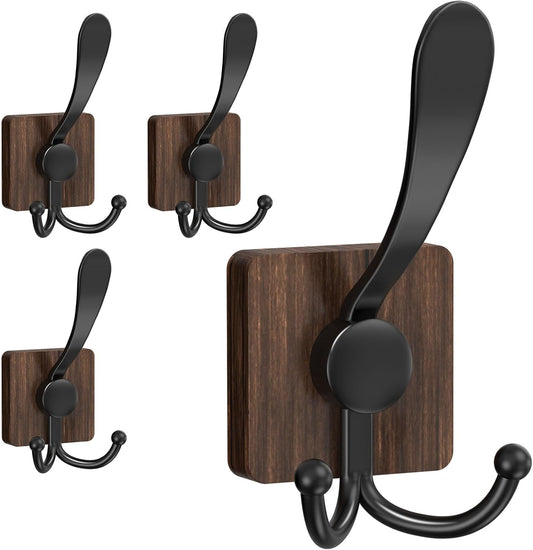 VIS'V Wooden 3 Prong Coat Hooks, Wall Mount, Heavy Duty, Brown, 4 Pcs