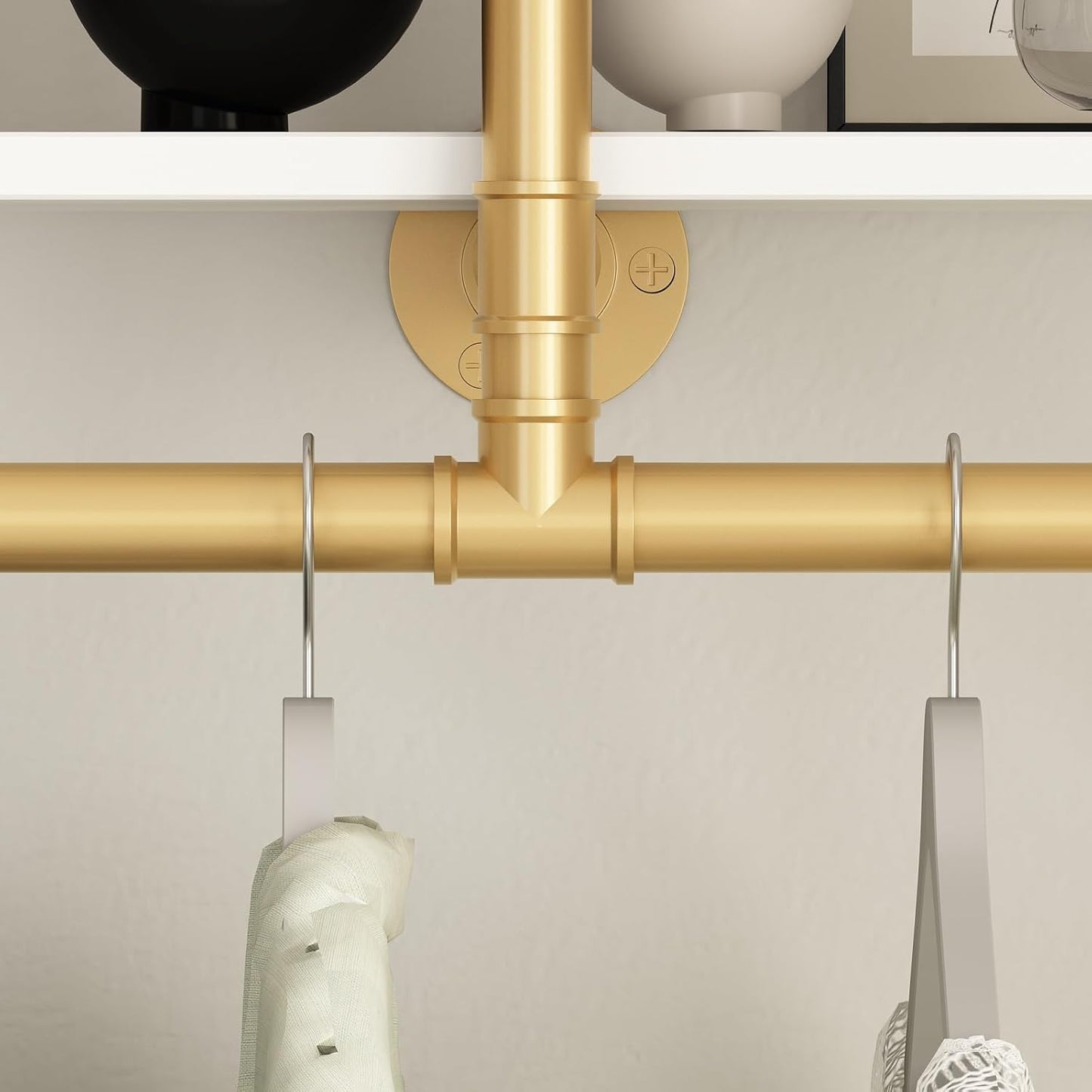 ORSENIGO Industrial Pipe Clothing Rack with Shelves, Gold Wall Mounted Clothes Rack Heavy Duty Display Garment Rack for Home Retail