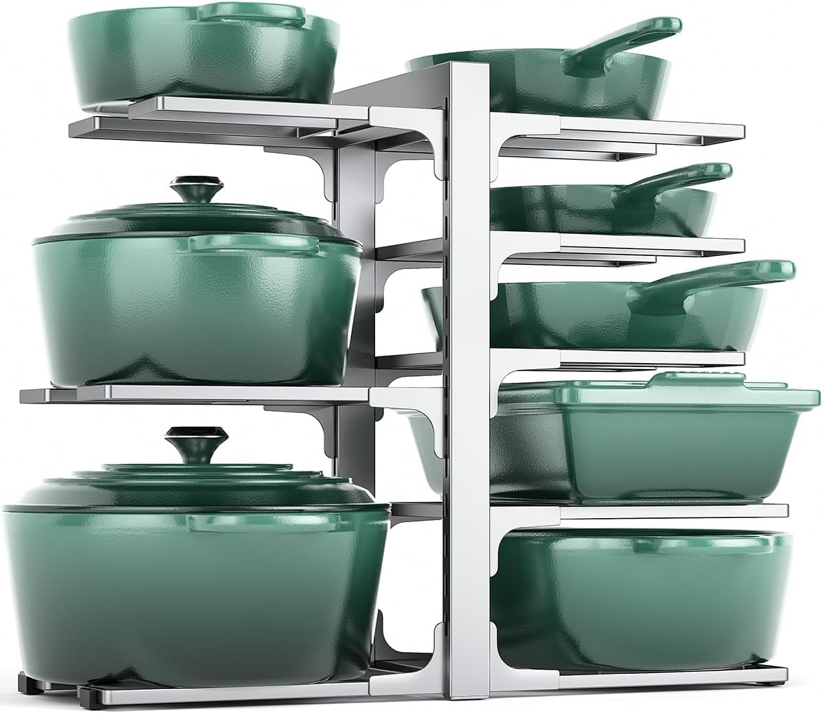 MUDEELA 8-Tier Pots and Pans Organizer under Cabinet, 15.83" Height Heavy Duty Pot Pan Organizer Kitchen Cabinet Organization and Storage, Adjustable Pot Rack for Frying Pan, Cast Iron Skillet, Sliver