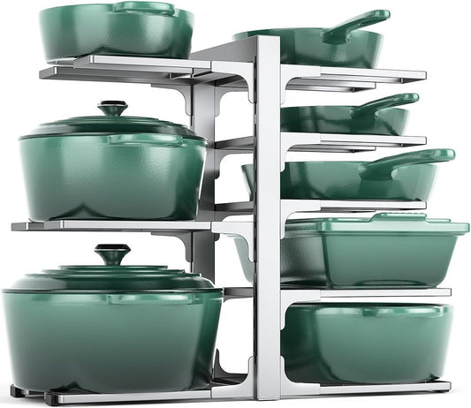 MUDEELA 8-Tier Pots and Pans Organizer under Cabinet, 15.83" Height Heavy Duty Pot Pan Organizer Kitchen Cabinet Organization and Storage, Adjustable Pot Rack for Frying Pan, Cast Iron Skillet, Sliver
