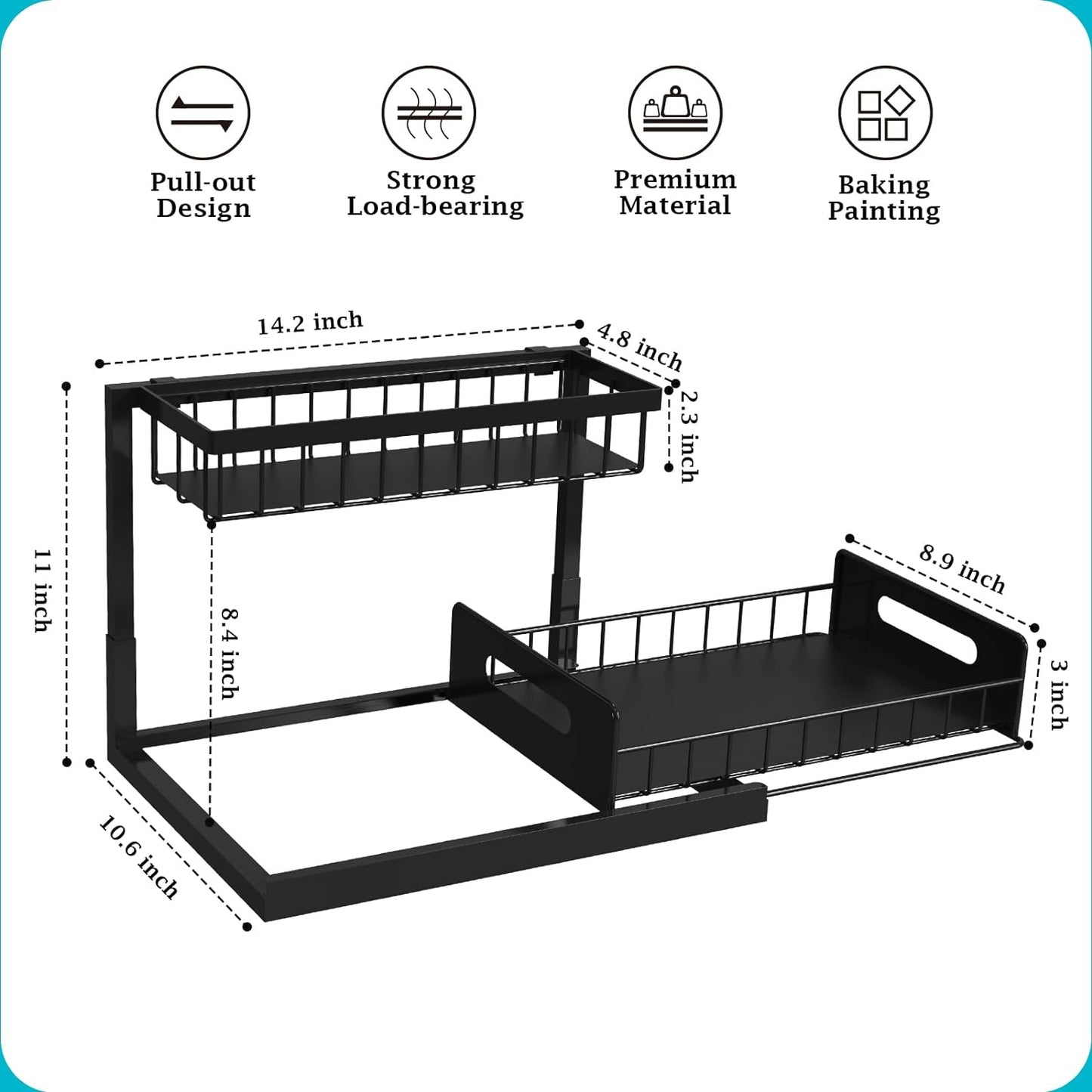 REALINN Under Sink Organizer, Pull Out Cabinet Organizer Slide Out Sink Shelf Cabinet Storage Shelves, Storages for Kitchen Bathroom, Black, 2 Pack