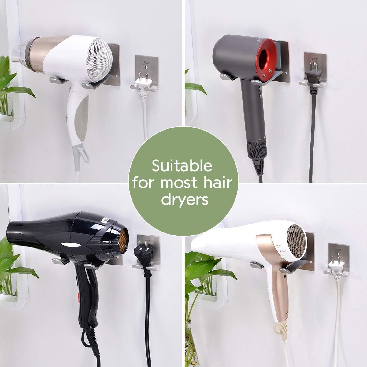 FLE Hair Dryer Holder Wall Mounted Self Adhesive, SUS 304 Stainless Steel Hair Blow Dryer Rack Organizer Compatible with Most Hair Dryers