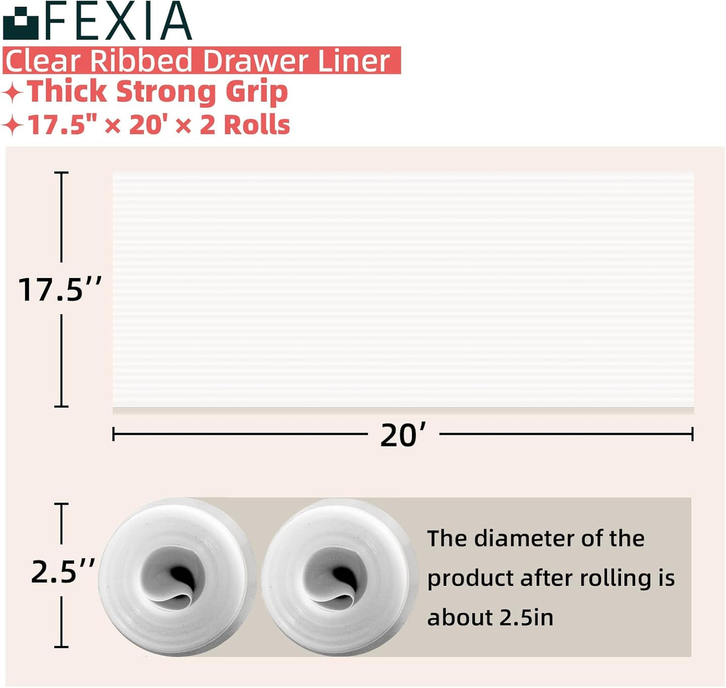 FEXIA Shelf Liners for Kitchen Cabinets Non-Slip Drawer Liner 17.5 Inches x 20 FT Waterproof & Oil-Proof Non Adhesive Durable Material Fridge Liner for Shelves (2 Rolls)