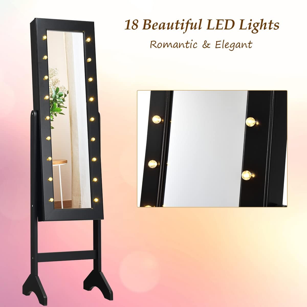 Giantex Standing Jewelry Armoire with 18 LED Lights Around the Door, Large Storage Mirrored Jewelry Cabinet with Full Length Mirror, 16 Lipstick Holders, 1 Inside Makeup Mirror (Black)