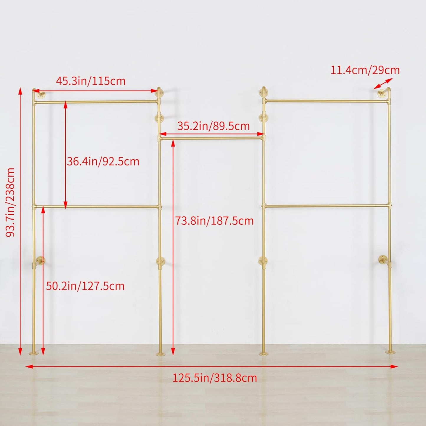 Industrial Pipe Clothing Rack Wall Mounted 5 Hanging Rods Garment Bar, Heavy Duty Closet Storage Rod Vintage Commercial Clothes Racks for Hallway Retail Boutique (Gold)
