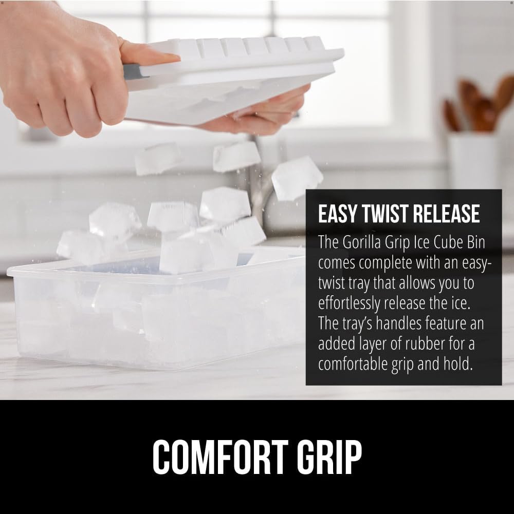 GORILLA GRIP BPA-Free Easy Release Ice Cube Tray for Freezer, Make Lots of Ice, 56 Cubes Total, Kit Includes 2 Stackable Leakproof Trays with Lid and Soft Handle Grips, Scooper, Bin, For Coffee, Gray