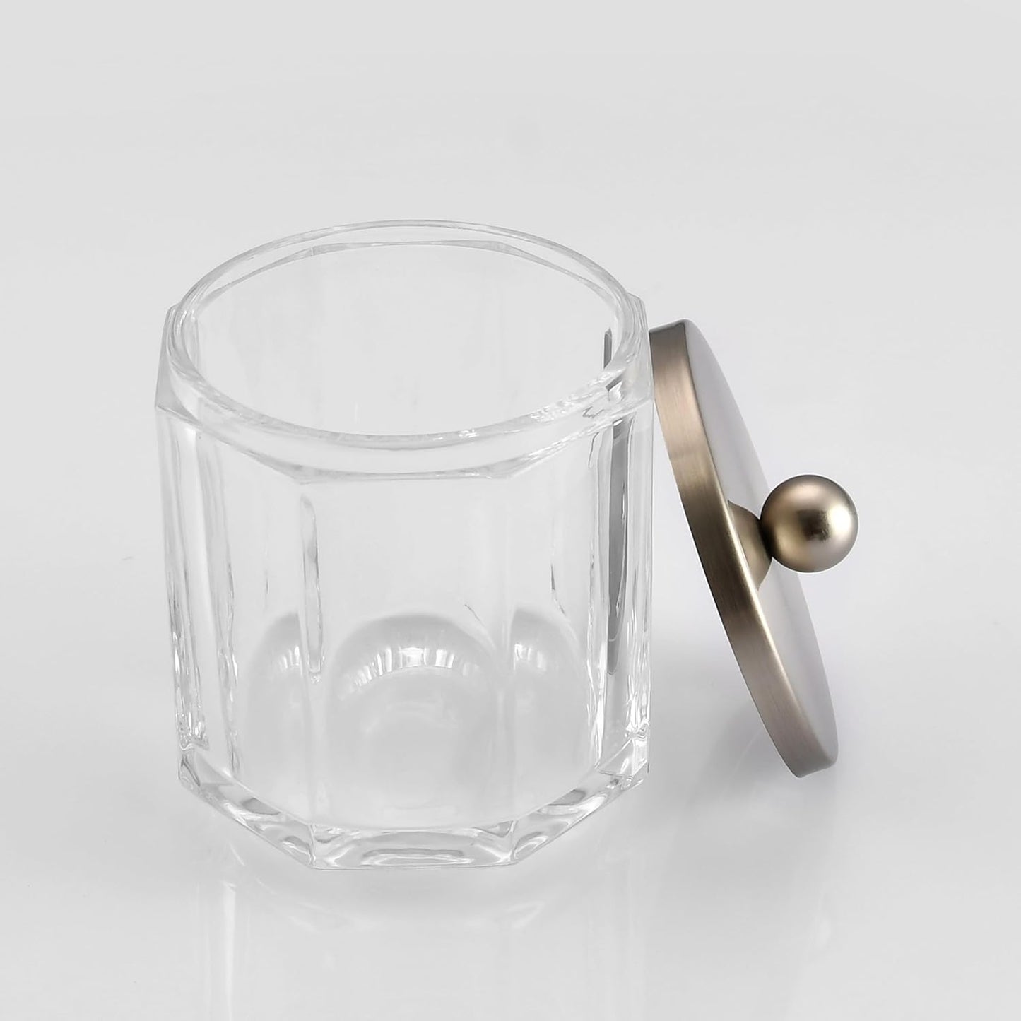Clear Transparent Apothecary Octagional Shaped Glass Canister Jar With Satin Nickel Metal Lid Cover for Bathroom Organization, Cotton Balls, Q Tips, and Small Accessories, Bath Storage