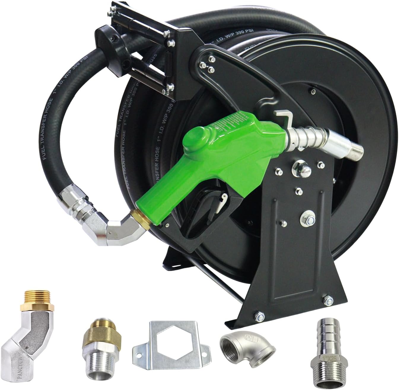 Fuel Hose Reel,1"X50' Retractable Ratchet Spring Driven Diesel Hose Reel,360 Rotating Fuel Hose Swivel,AUTO Fuel Nozzle,SS304 Elbow Pipe,Barb Fitting,300 PSI,Swivel Steel Construction Reel