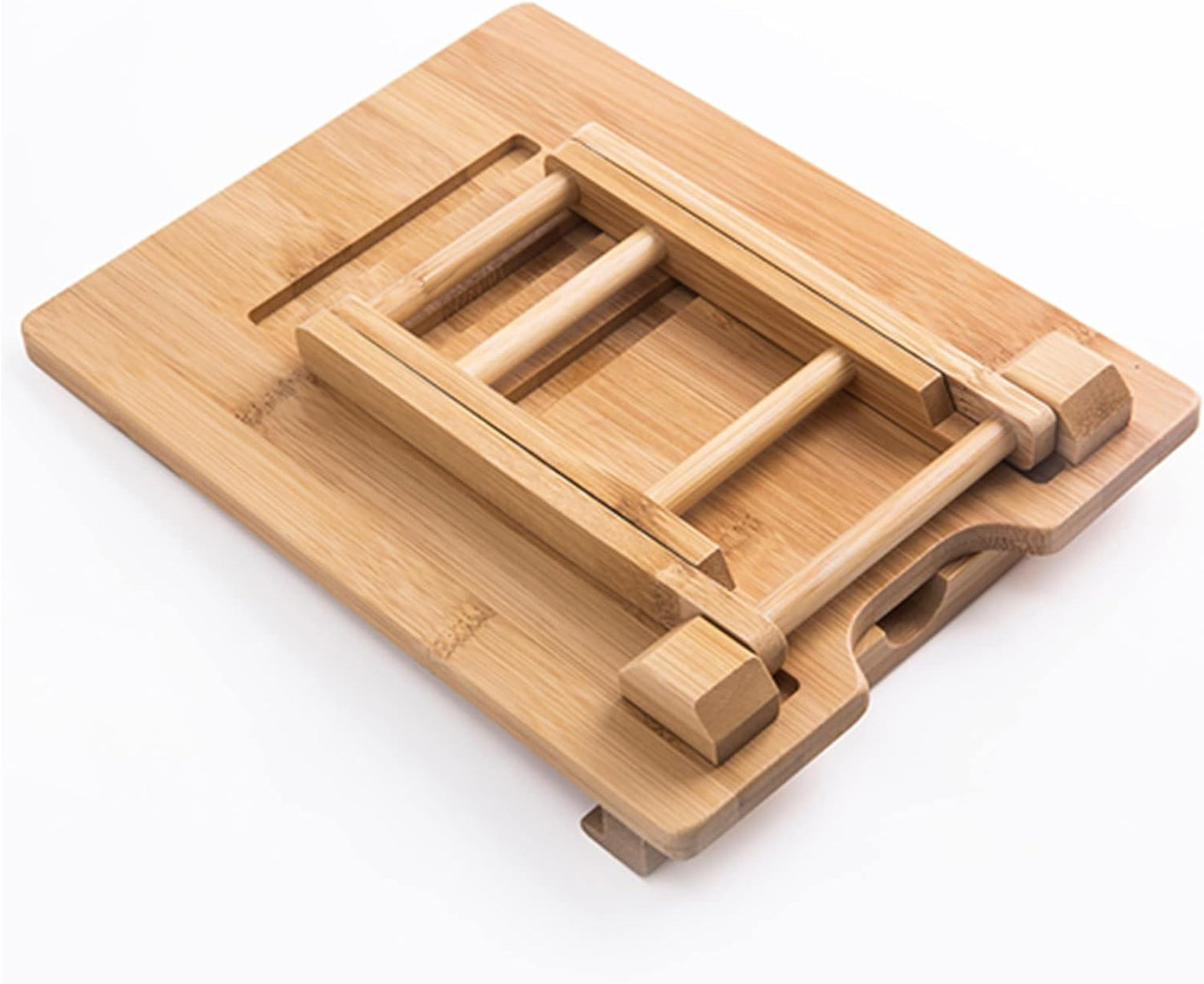 Bamboo Tablet Holder - Adjustable Folding iPad Stand with Charge Port for Desk or Cooking