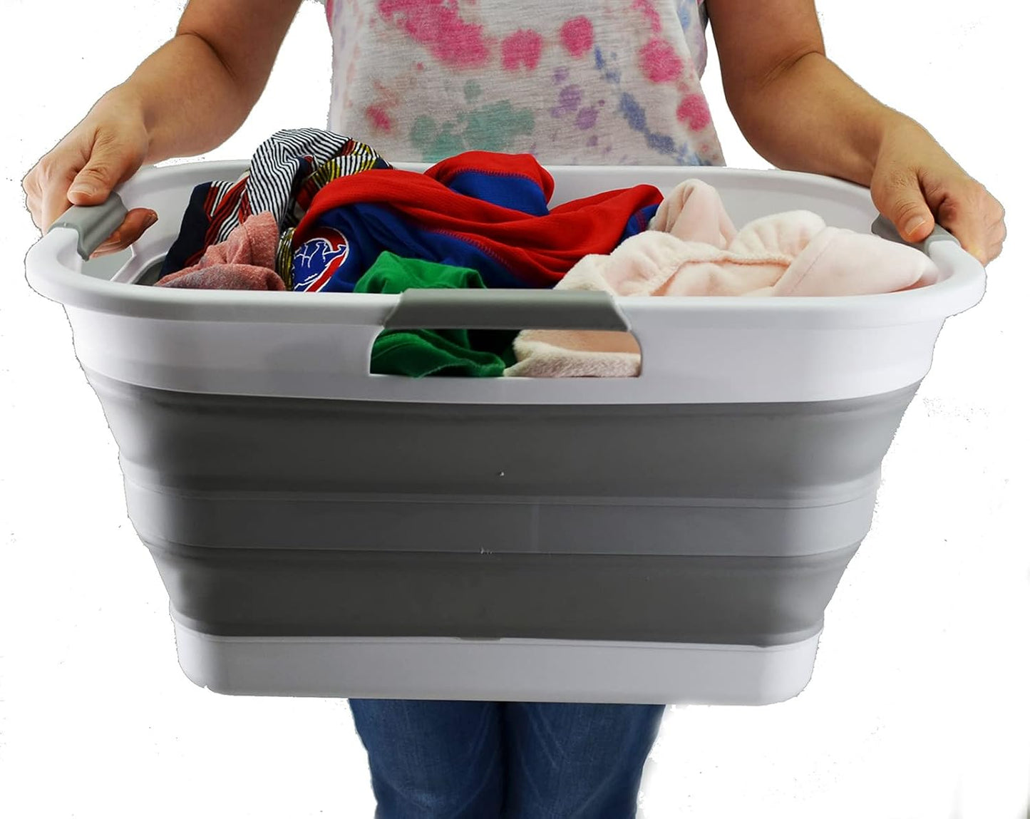 SAMMART 30L (8 gallon) Collapsible Plastic Laundry Basket - Foldable Pop Up Storage Container/Organizer - Space Saving Hamper/Basket - Water Capacity 24L(6.3 gallon) (1, White/Grey)