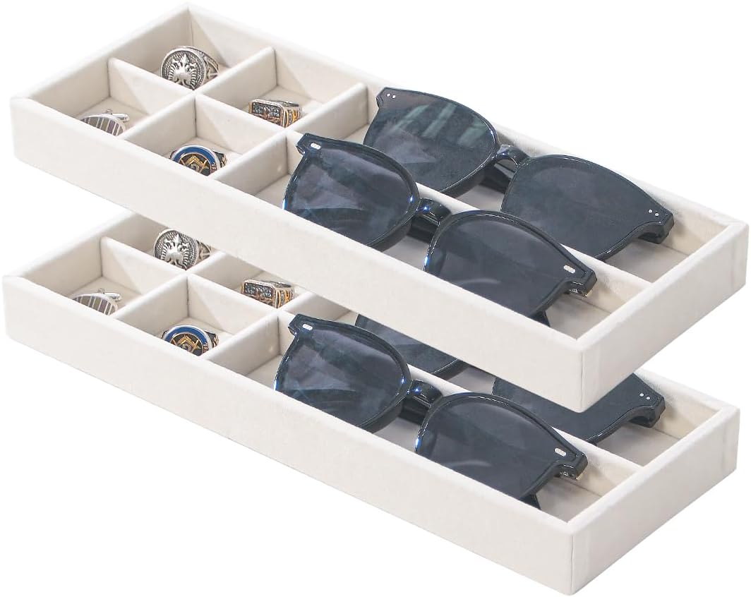 2Pcs Desk Drawer Storage Tray, Nightstand Organizer, Necklace Bracelet Ring Earring Jewelry Display, Grid Table Organizer Holder for Sunglass, Phone, Watch, Perfume (6 grid)/Beige