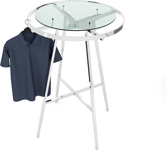 Econoco Folding Round Garment Rack, Adjustable Height Retail Display, Chrome Finish (36" Rack with Glass Shelf Topper)