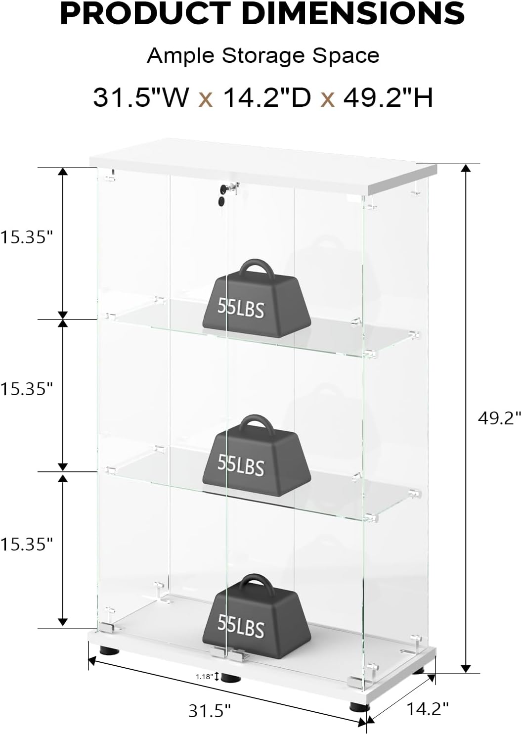 VINGLI Glass Display Cabinet with 3 Shelves, Double Doors and Lock, Floor Standing Curio Cabinets with LED Light, Upgraded Tempered Glass Bookshelf, for Living Room Living Room Bedroom Office, White