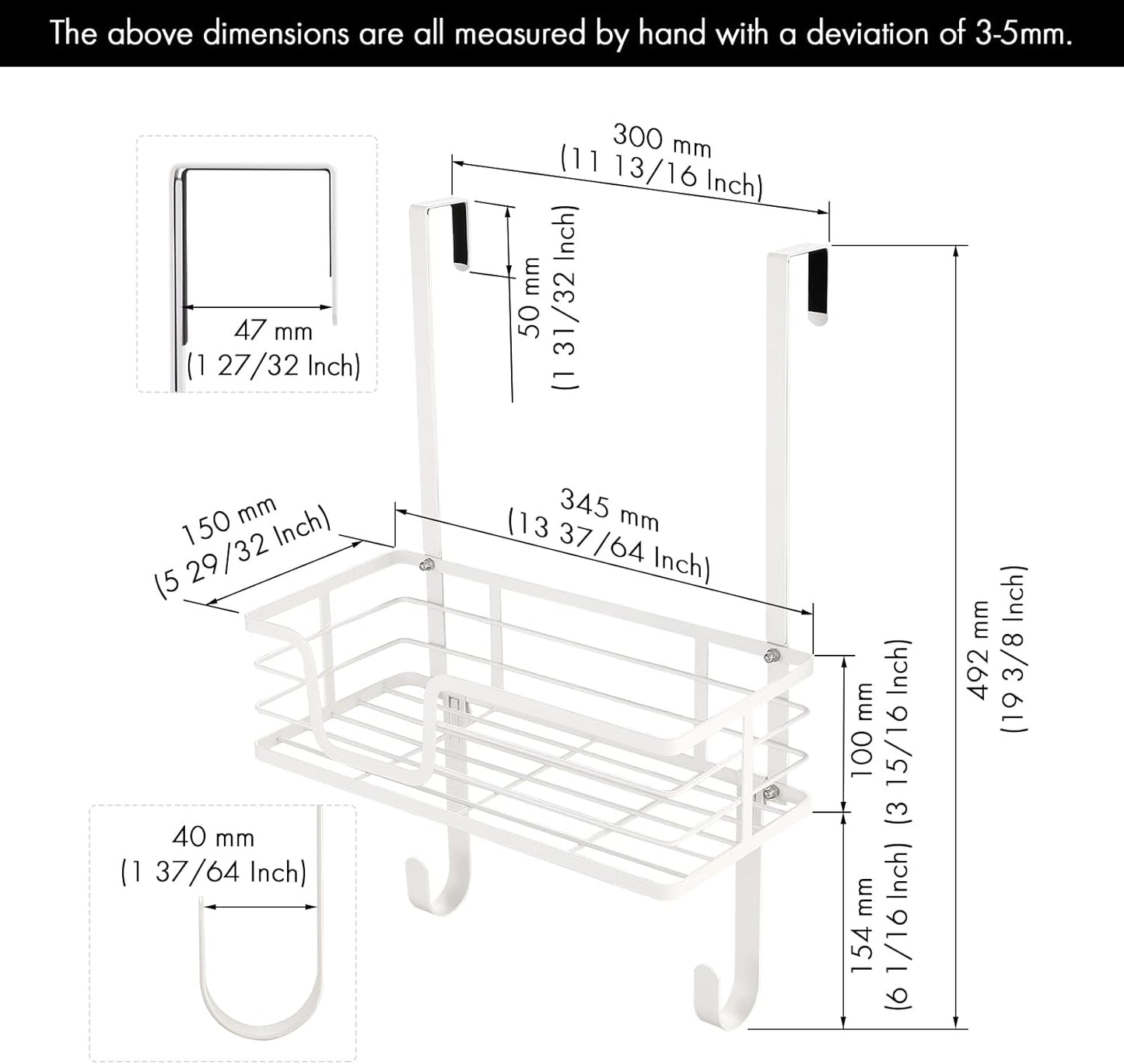 KES Ironing Board Hanger, Over The Door Ironing Board Holder, T-Leg Ironing Board Door Hanger for 1 3/4" Door, Metal Iron Holder White, HIR500B-WH