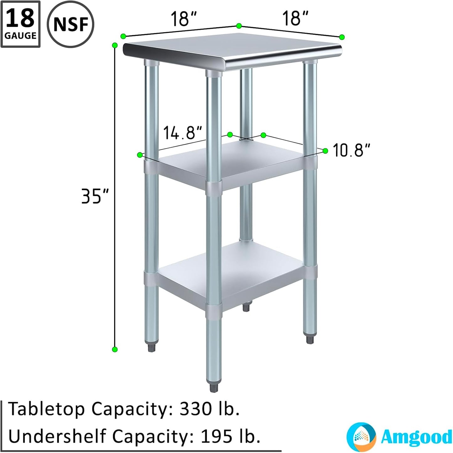 AmGood Stainless Steel Work Table with 2 Shelves | NSF | Metal Utility Table (18" Long x 18" Deep)