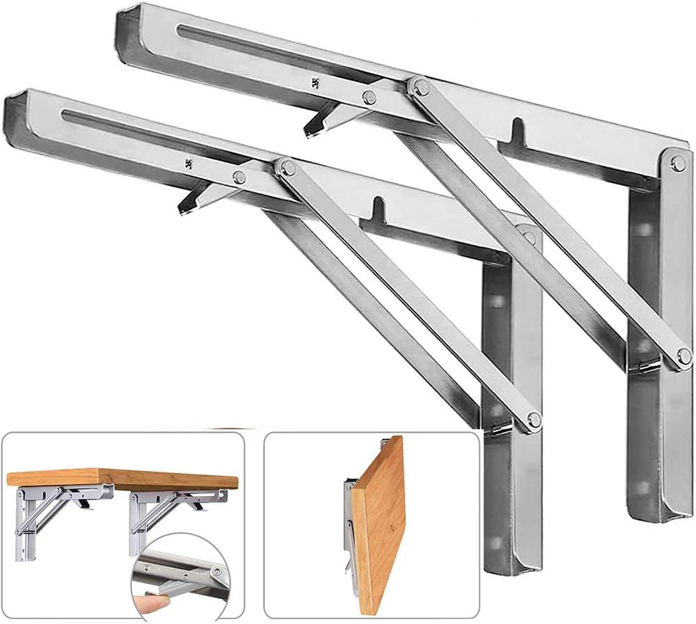 Folding Shelf Brackets, Max Load 300 lb, Heavy Duty Stainless Steel Collapsible Wall Mounted Shelf Brackets for Table, Space Saving DIY Bracket, Pack of 2 (2, 24 Inch)