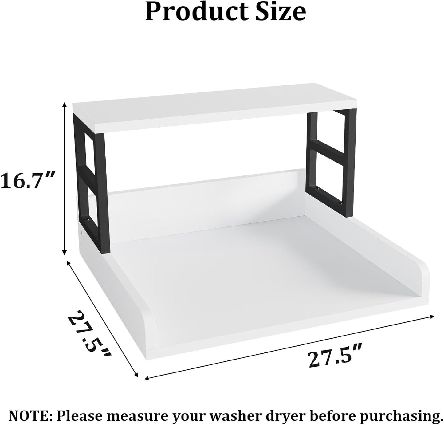 Washer Dryer Countertop with Shelf, 27.5″D x 27.5″W x 16.7″H, Countertop for Washer and Dryer Top with Non-Slip Pads and Edge Rails, Laundry Room Storage and Organization(White)