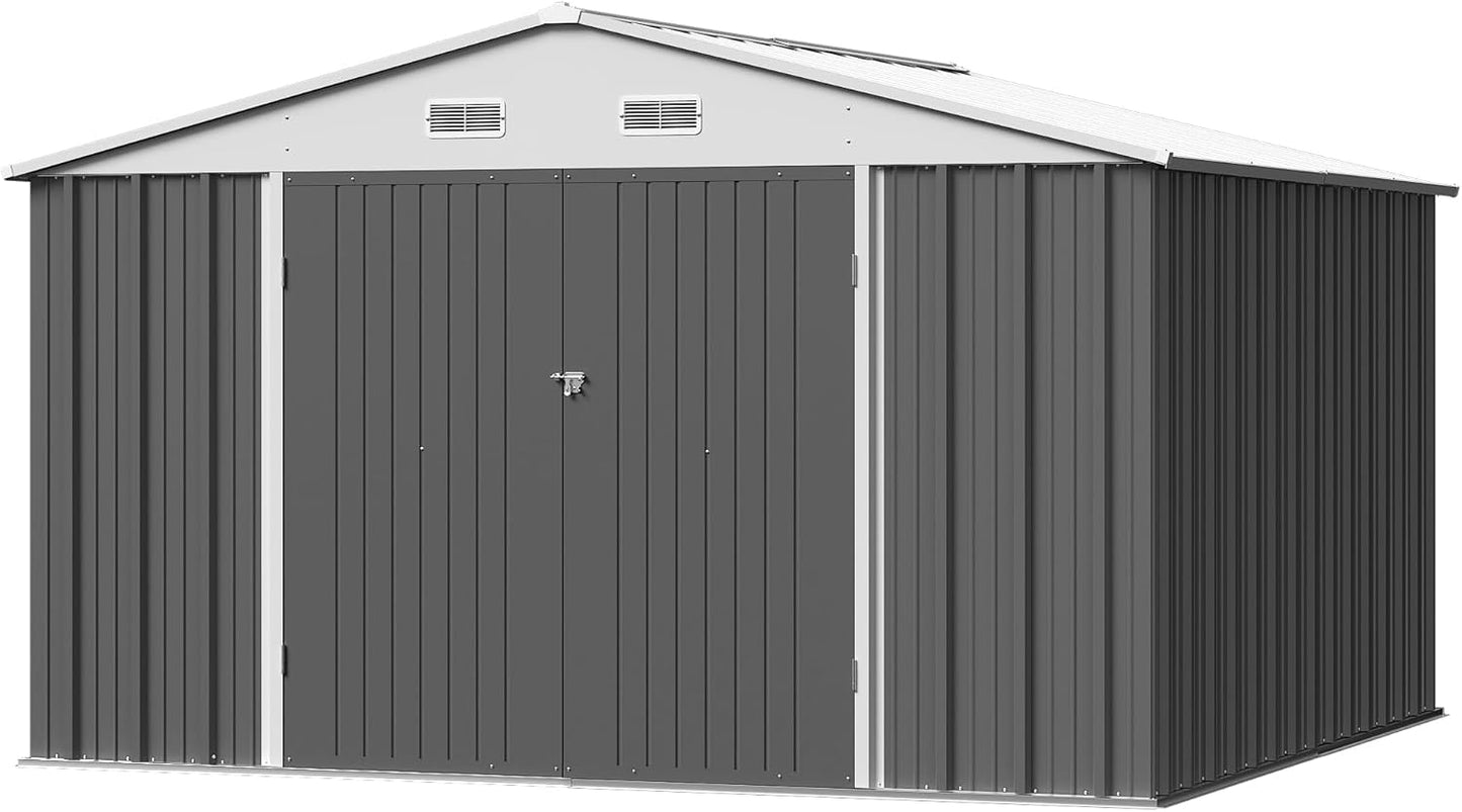 Furniwell 10x10 FT Outdoor Storage Shed, Metal Garden Sheds Outdoor Storage House with Single Lockable Door for Backyard Patio Lawn, Gray