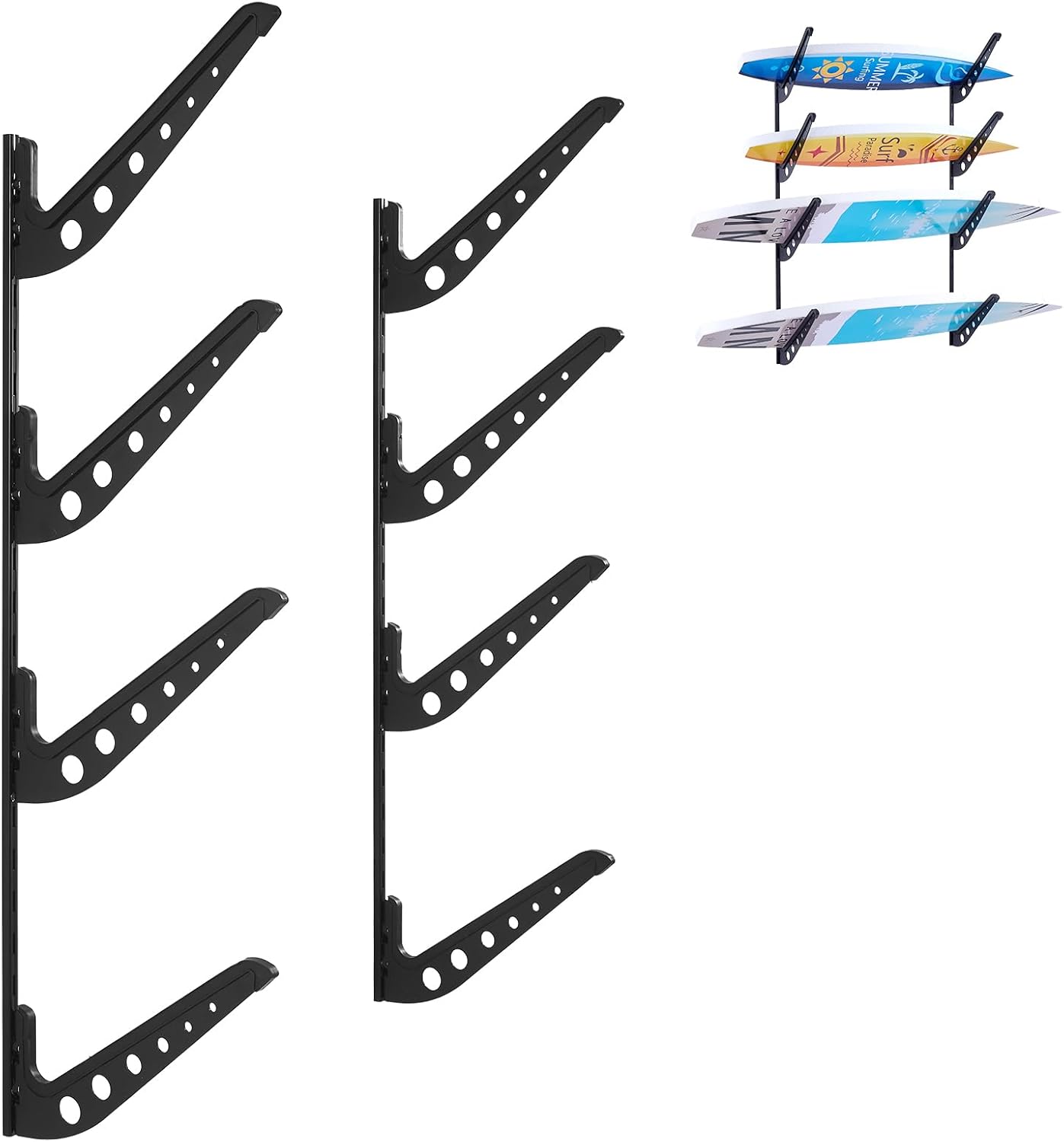 VEVOR Surfboard Wall Mount, 4 Tiers Horizontal Surfboard Rack for Storage and Display, Adjustable Height Metal Board Stand Organizer, Surf Board Holder for Snowboards, Kiteboards, Shortboard, Skis