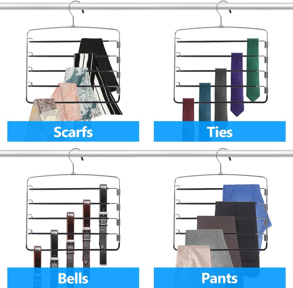 Pants Hangers 6 Pieces,5 Tier Closet Organizers and Storage Clothes Hangers,Hangers Space Saving with Swing Arm,Multiple Metal Hanger Clothes Organization for Pants Trousers Jeans Leggings Slacks