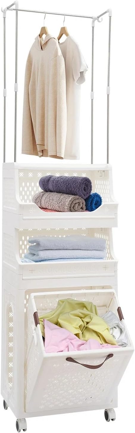 Laundry Hamper Cart, 4 Tiers Laundry Hamper Trolley, Laundry Basket, Rolling Laundry Organizer with Hanging Rack, Storage Basket with Wheels for Laundry Room