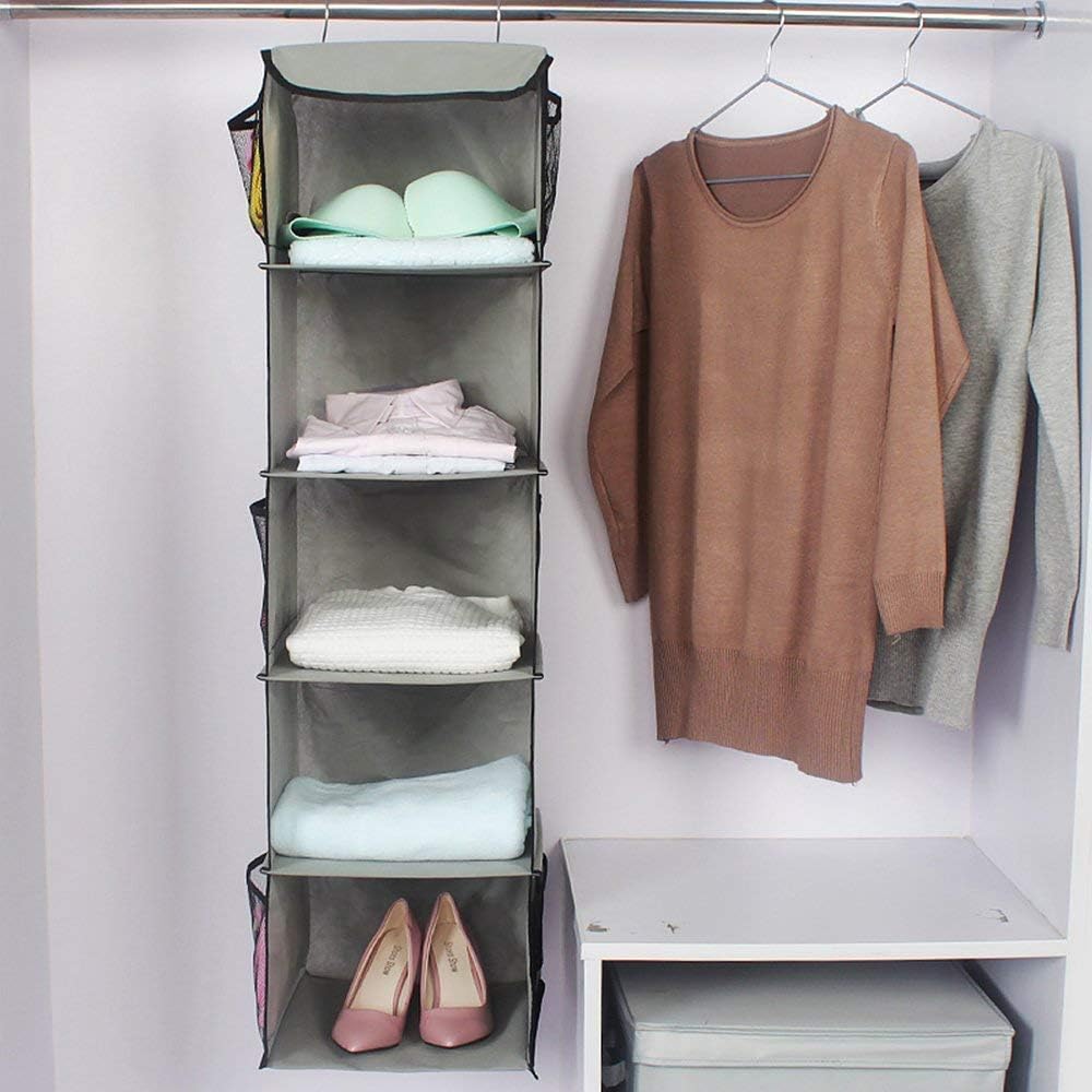 5 Shelves Hanging Closet Organizer, 2 Pack Hanging Storage with 6 Side Pockets for Clothes Bags, 43"x12"x12"(Gray)